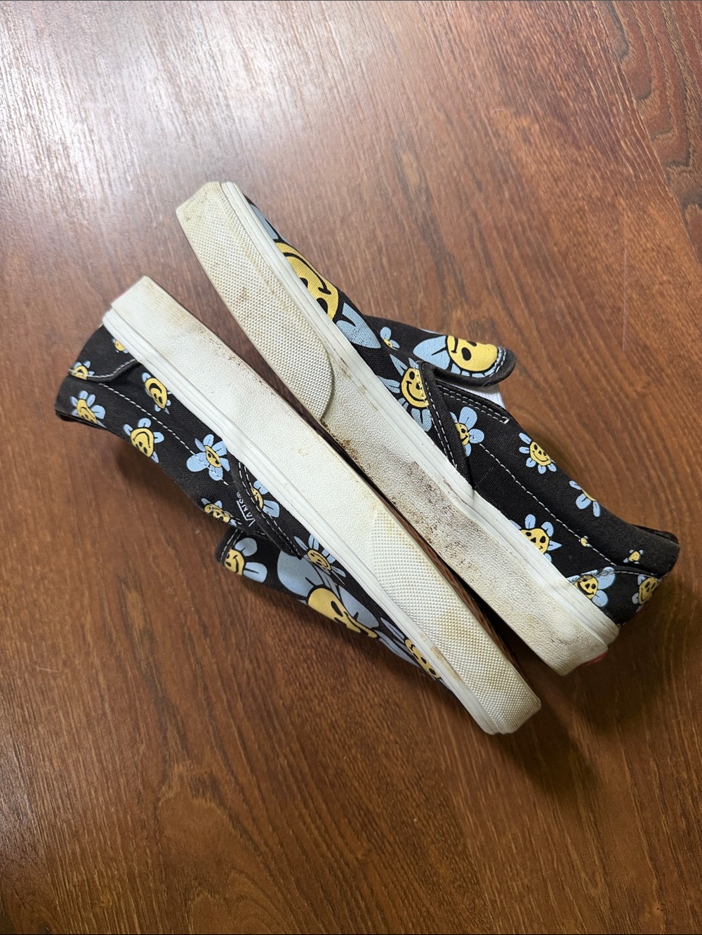 Vans Slip-On Sneakers - Black with Blue & Yellow Smiley Daisies - Picture 3 of 5